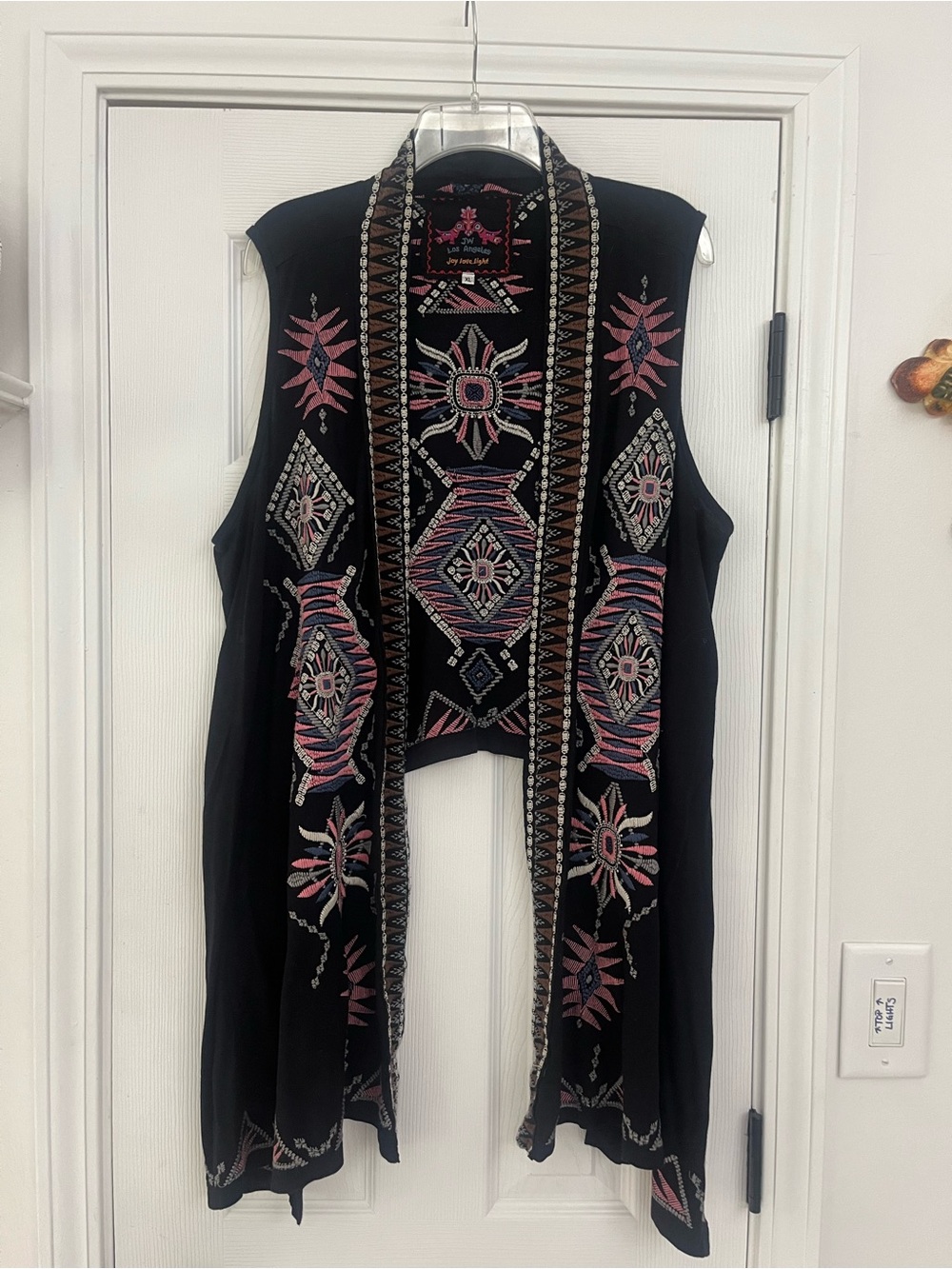 Johnny Was Black Embroidered Boho Vest with Pink and Silver Accents